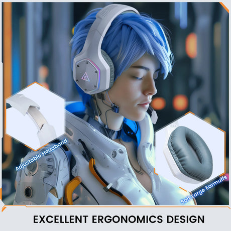 Futuristic white headphones with blue accents worn by a person with vibrant blue hair.