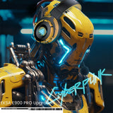 Futuristic yellow and black robot with glowing blue accents and a circular lens for an eye.