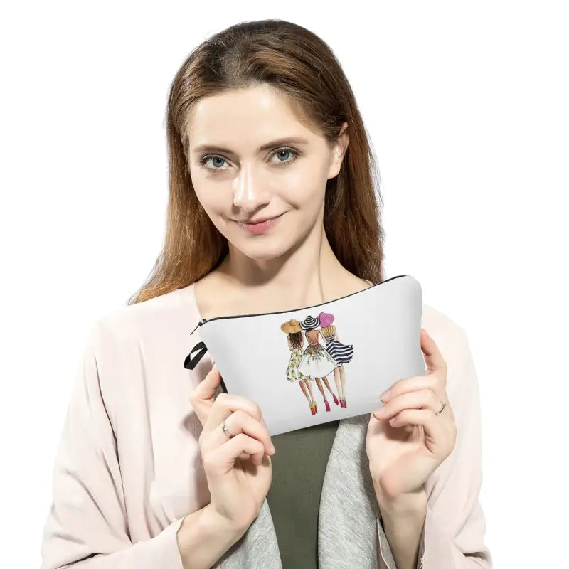 a woman holding a cell case with a cartoon character