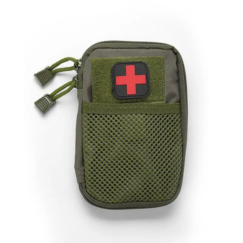 a green medical pouch with a red cross on it