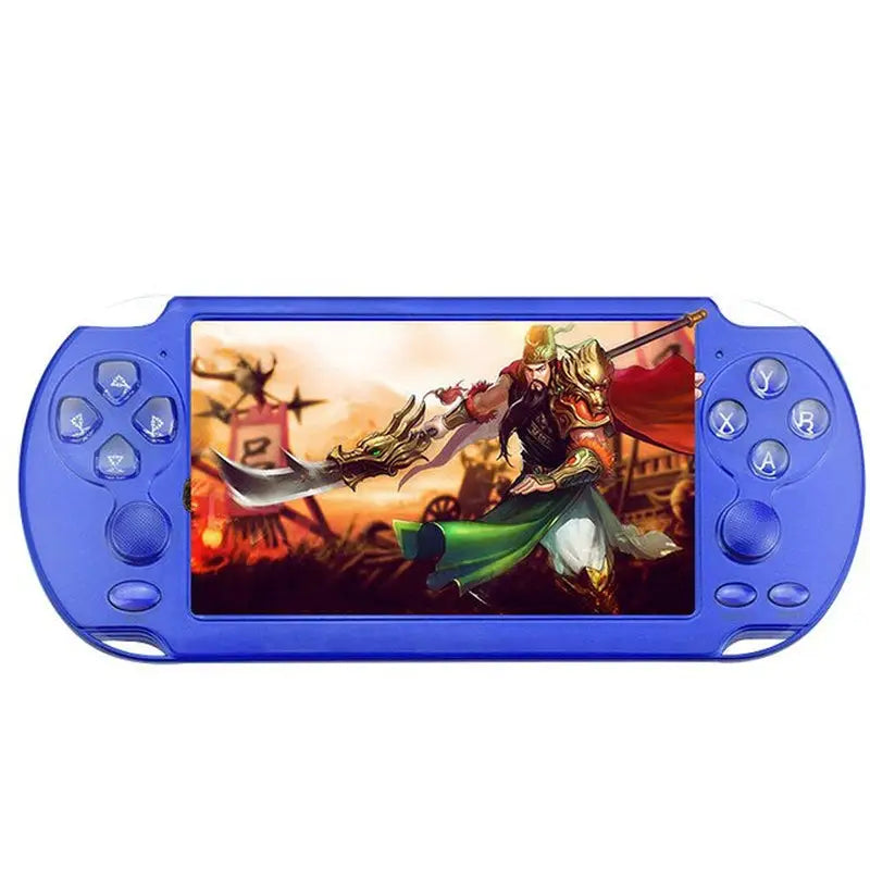 a blue nintendo game console with a picture of a woman holding a sword