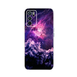 a purple and blue galaxy phone case with clouds and stars