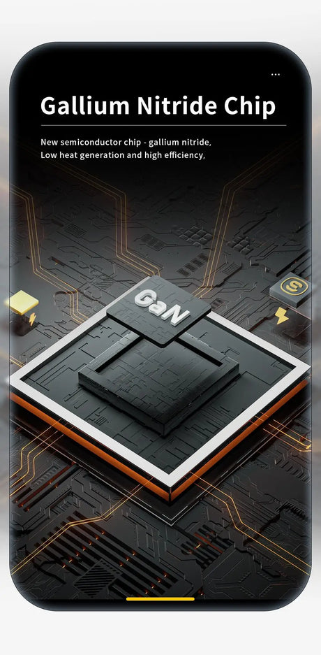 Gallium nitride semiconductor chip with circuit traces and ’GaN’ label.