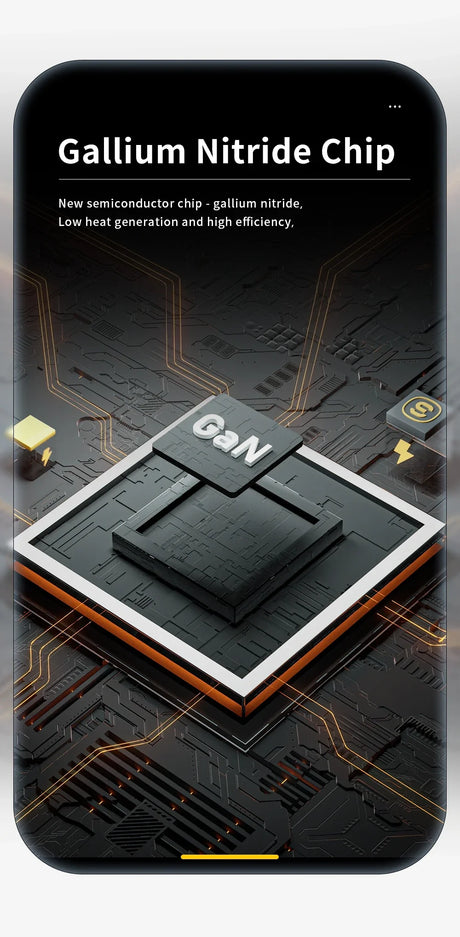 Gallium nitride semiconductor chip with ’GaN’ label, depicted in a stylized 3D rendering.