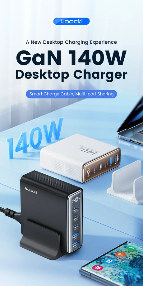 GaN 140W desktop charger with multiple USB ports for charging various devices simultaneously.