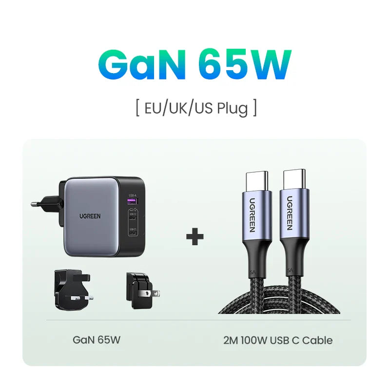 GaN 65W charger with interchangeable plugs and USB-C cable.