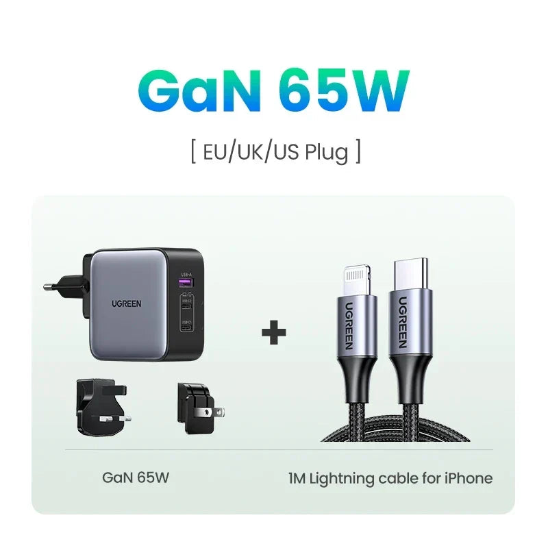 GaN 65W charger with multiple plug adapters and a Lightning cable for iPhone.