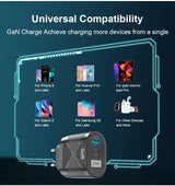 GaN 65W fast charging adapter with multiple device compatibility.