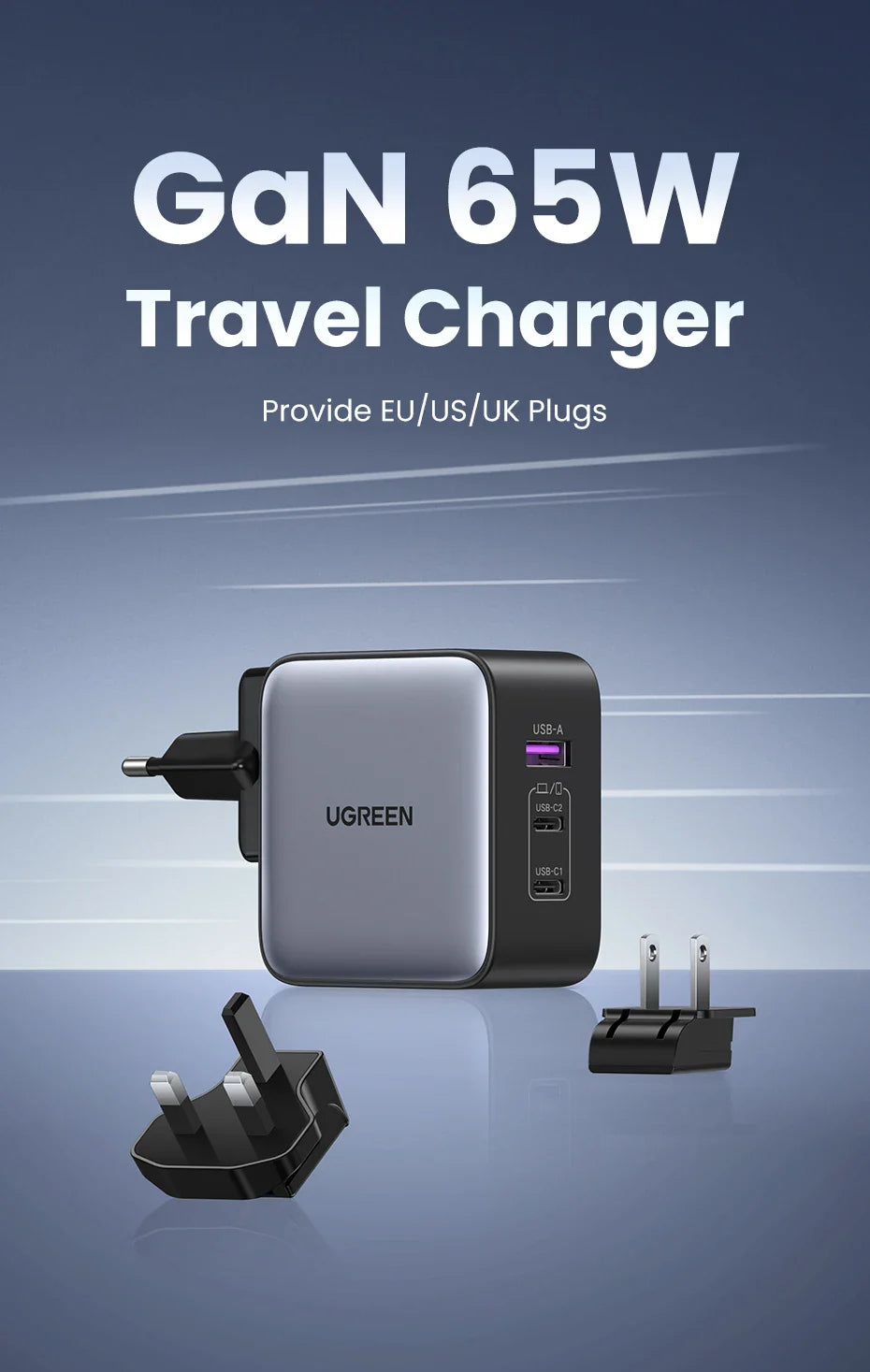 GaN 65W travel charger with interchangeable plugs for different regions.