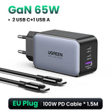 GaN 65W USB charger with two USB-C ports and one USB-A port.
