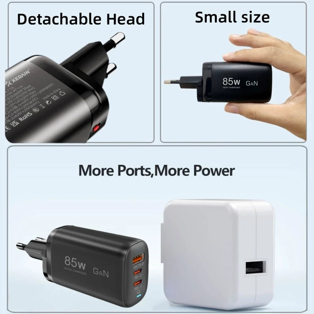 GaN charger with multiple ports and detachable plug head.