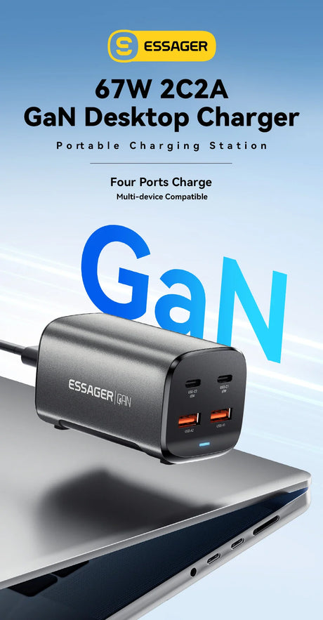 GaN desktop charger with four charging ports for multiple devices.