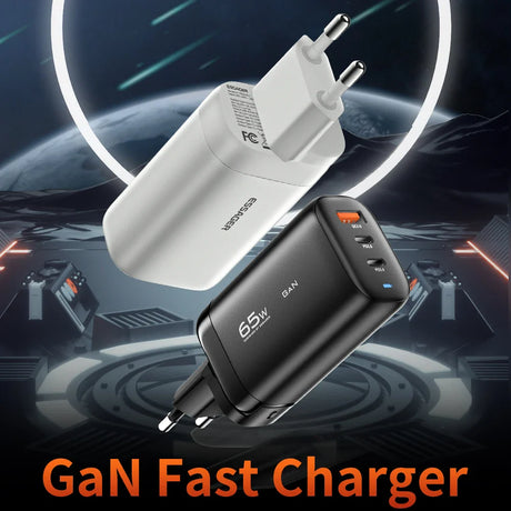 GaN fast chargers in white and black colors with multiple USB ports.