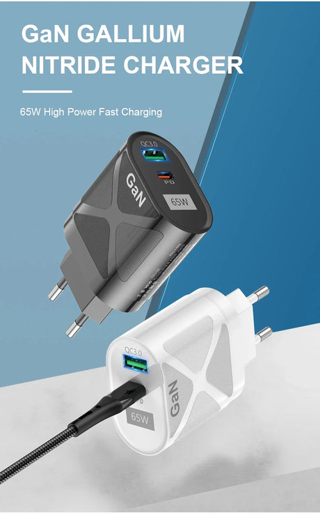 GaN gallium nitride fast charger with 65W high power capability, shown in black and white color variants.