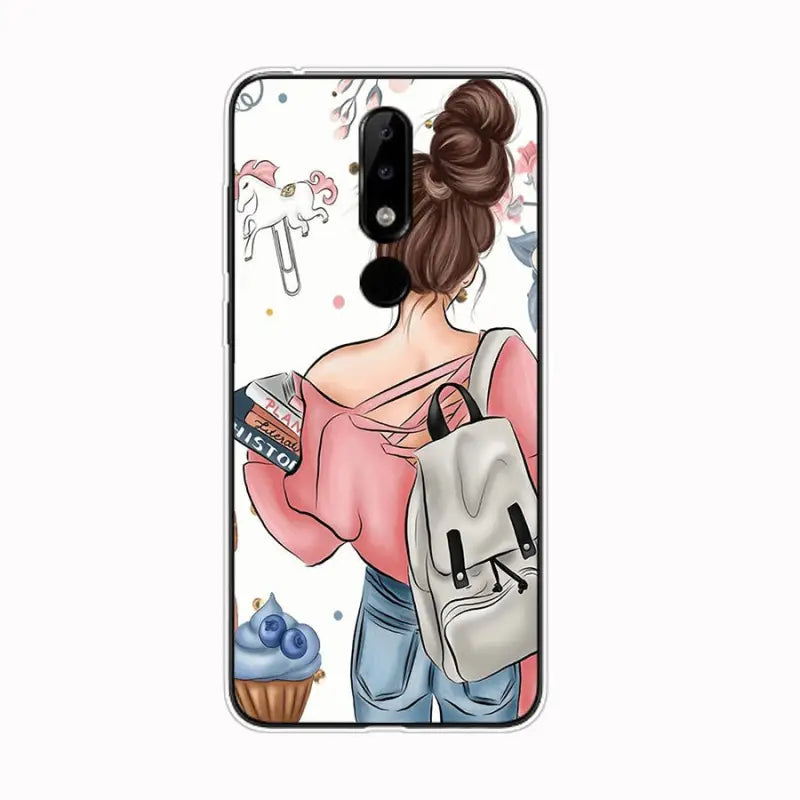 a girl with a backpack and a cupcake phone case