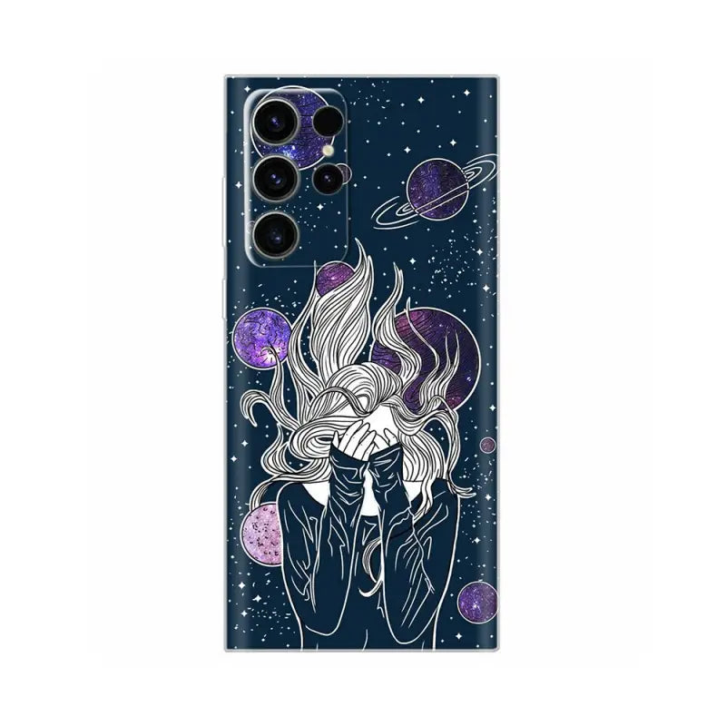 a girl with long hair and glasses in the galaxy phone case