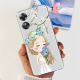 a girl with flowers in her hair is holding a phone case