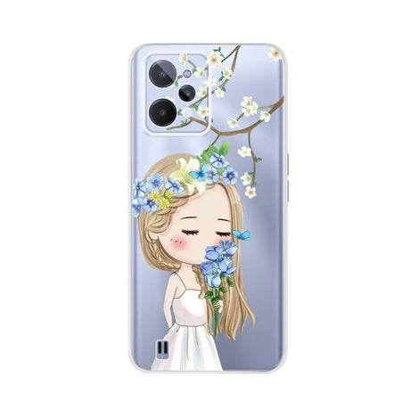 a girl with flowers on her head phone case