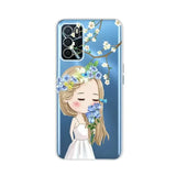 a girl with flowers in her hair and a blue background phone case