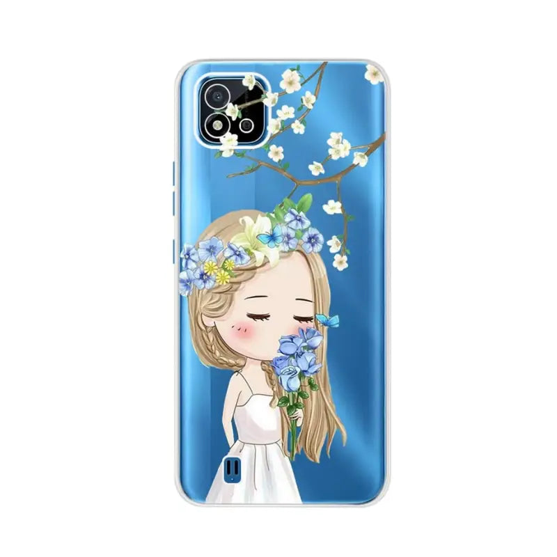 a girl with flowers on her head phone case