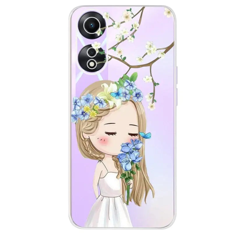a girl with flowers on her head phone case