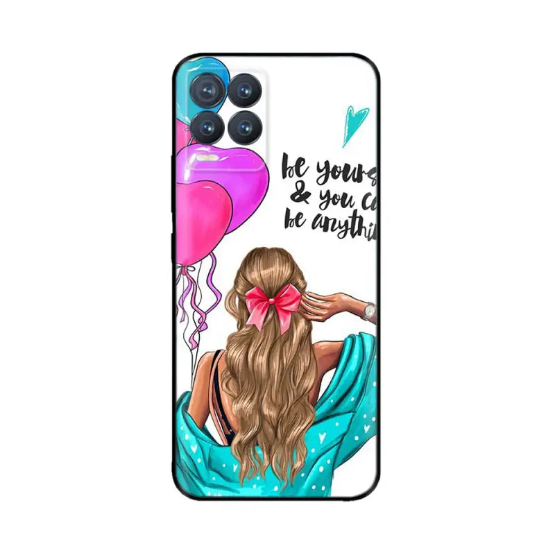 a girl with a pink balloon and a blue dress phone case