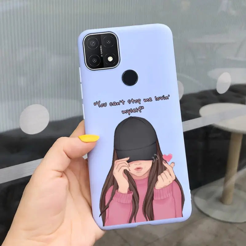 a girl with a hat on her head is holding a phone case