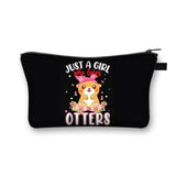 a black cosmetic bag with a cute little girl otter on it