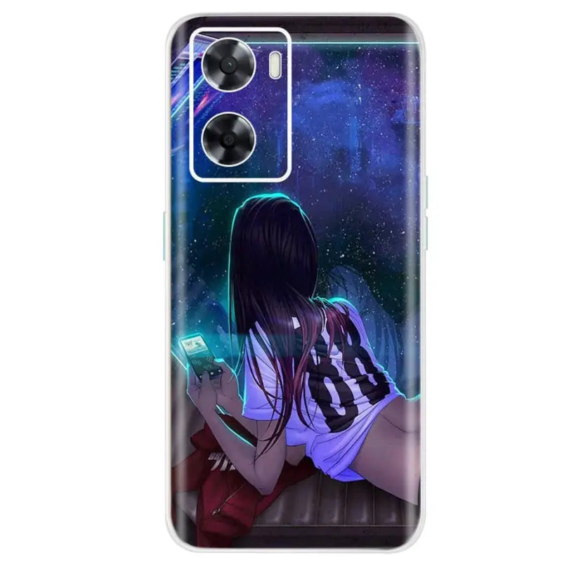 a girl with long hair and a blue dress is looking at the stars on her phone case