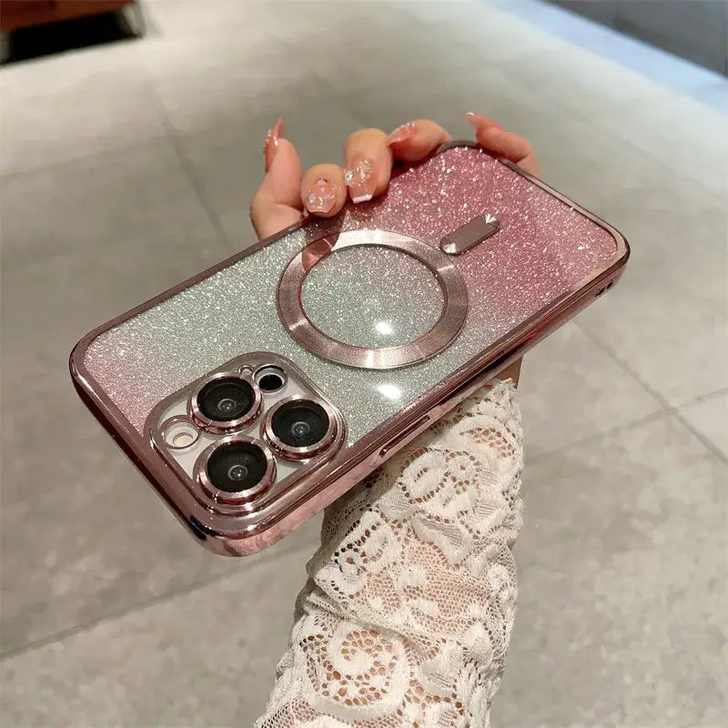 a girl holding a phone case with a ring