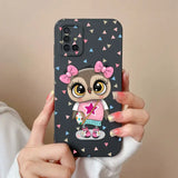 a girl with a pink bow and a black phone case