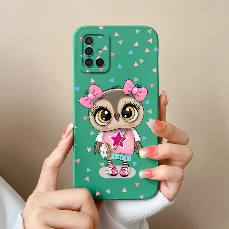 a girl with a pink bow and a green phone case