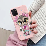 a girl with a pink bow and a pink heart phone case