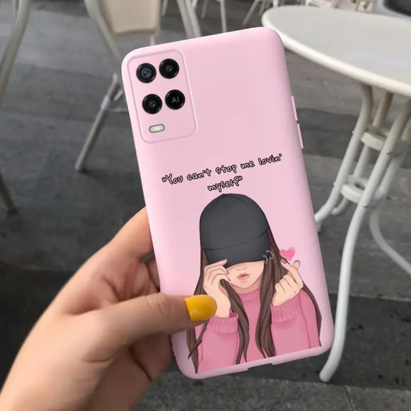 a girl with a pink phone case