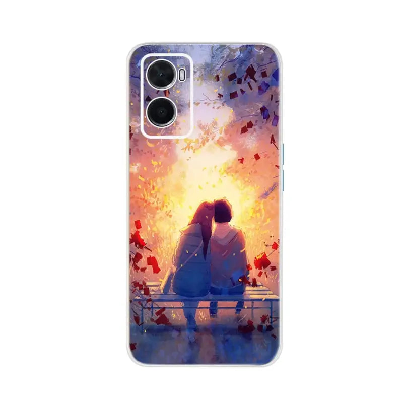 a girl sitting on a bench looking at the sunset phone case