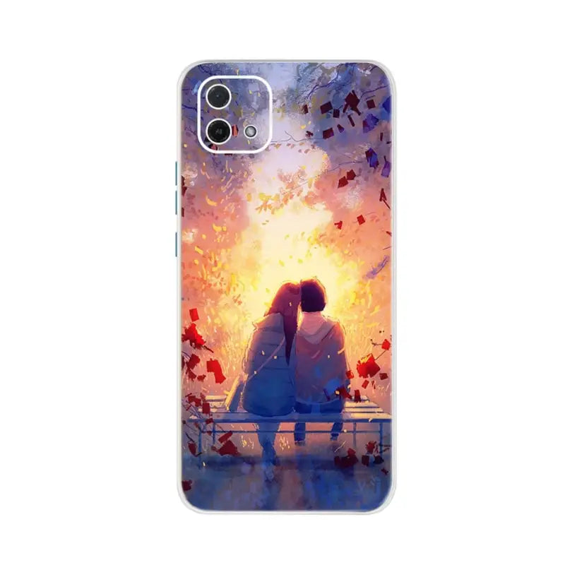 a couple sitting on a bench looking at the sunset phone case