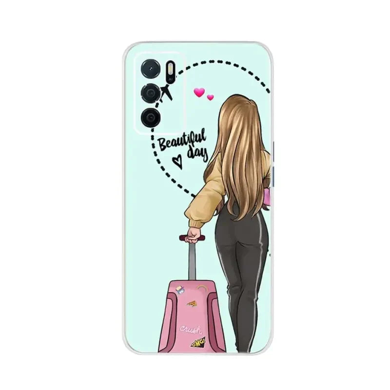 a girl with a suitcase and a pink bag is looking at the sky