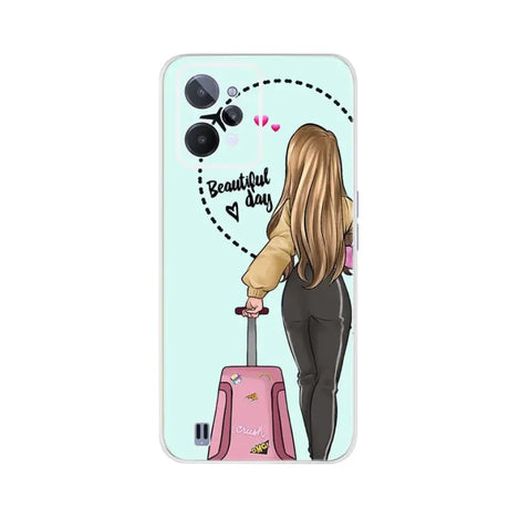 a girl with a suitcase and a pink suitcase phone case