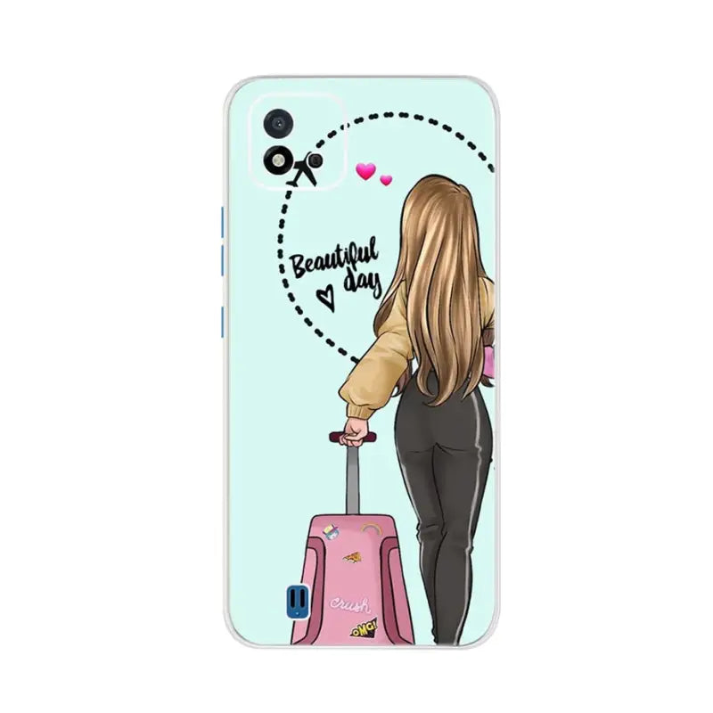 a girl with a suitcase back view phone case