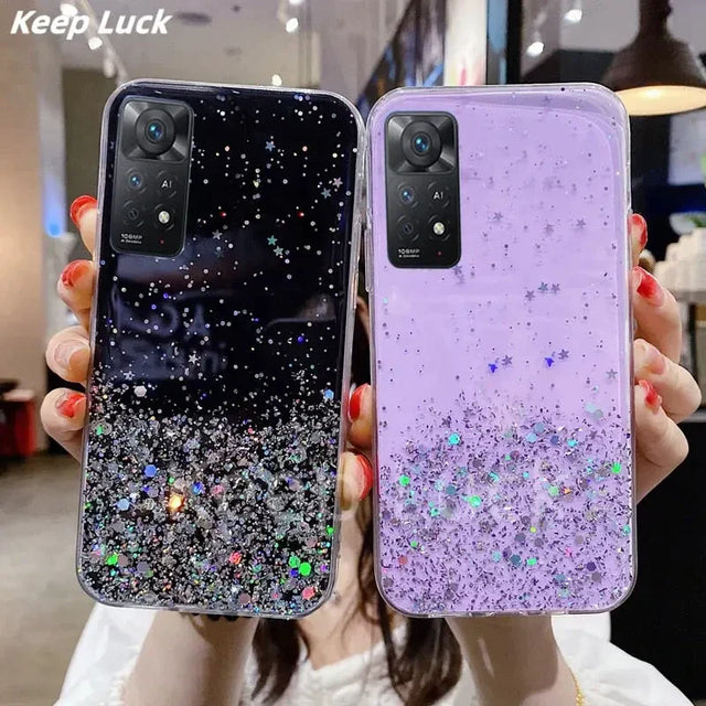 a woman holding up a purple phone case with glitter