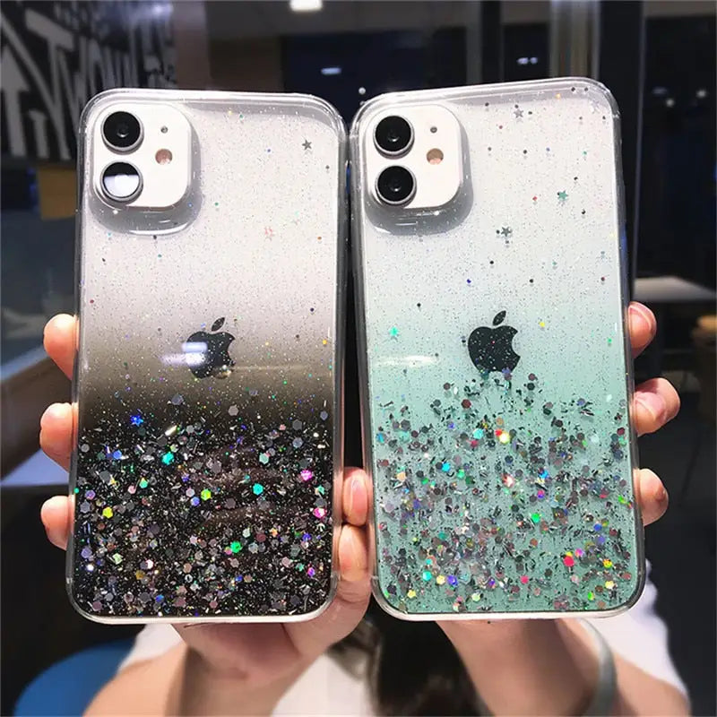two iphone cases with glitter and glitter glitter