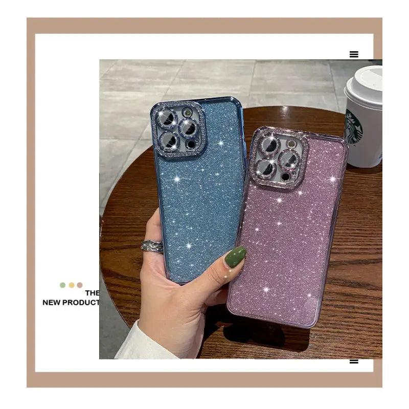 the glitter phone case is shown in purple and blue