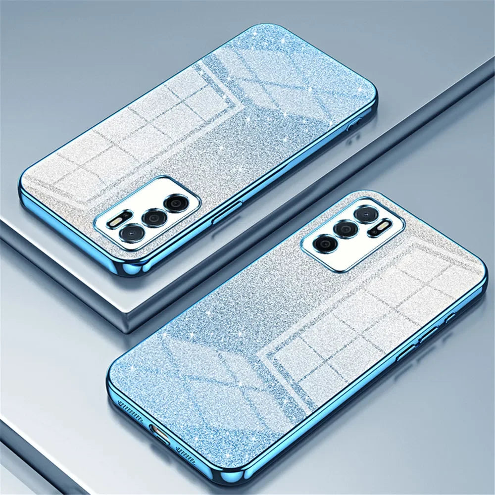 Glittery blue and silver smartphone cases with multiple camera lenses.