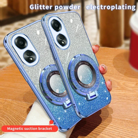 Glittery blue and silver smartphone cases with magnetic ring holders and dual cameras.