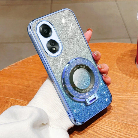 Glittery blue and silver smartphone case with a circular camera lens attachment.