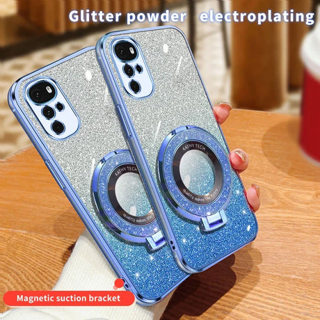 Glittery blue and silver smartphone cases with magnetic suction brackets and camera lens protectors.