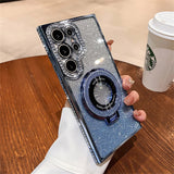 Glittery blue smartphone case with multiple camera lenses and a ring holder.