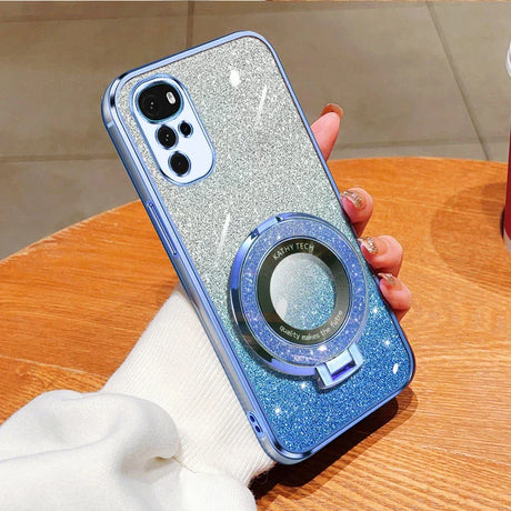 Glittery blue smartphone case with a circular camera-like attachment on the back.