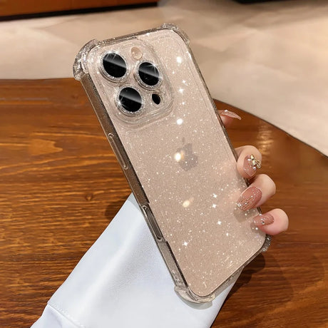 Glittery clear iPhone case with reinforced corners and camera lens protection.