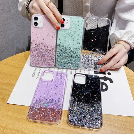 Glittery, colorful phone cases with sparkly gradient designs for various smartphone models.